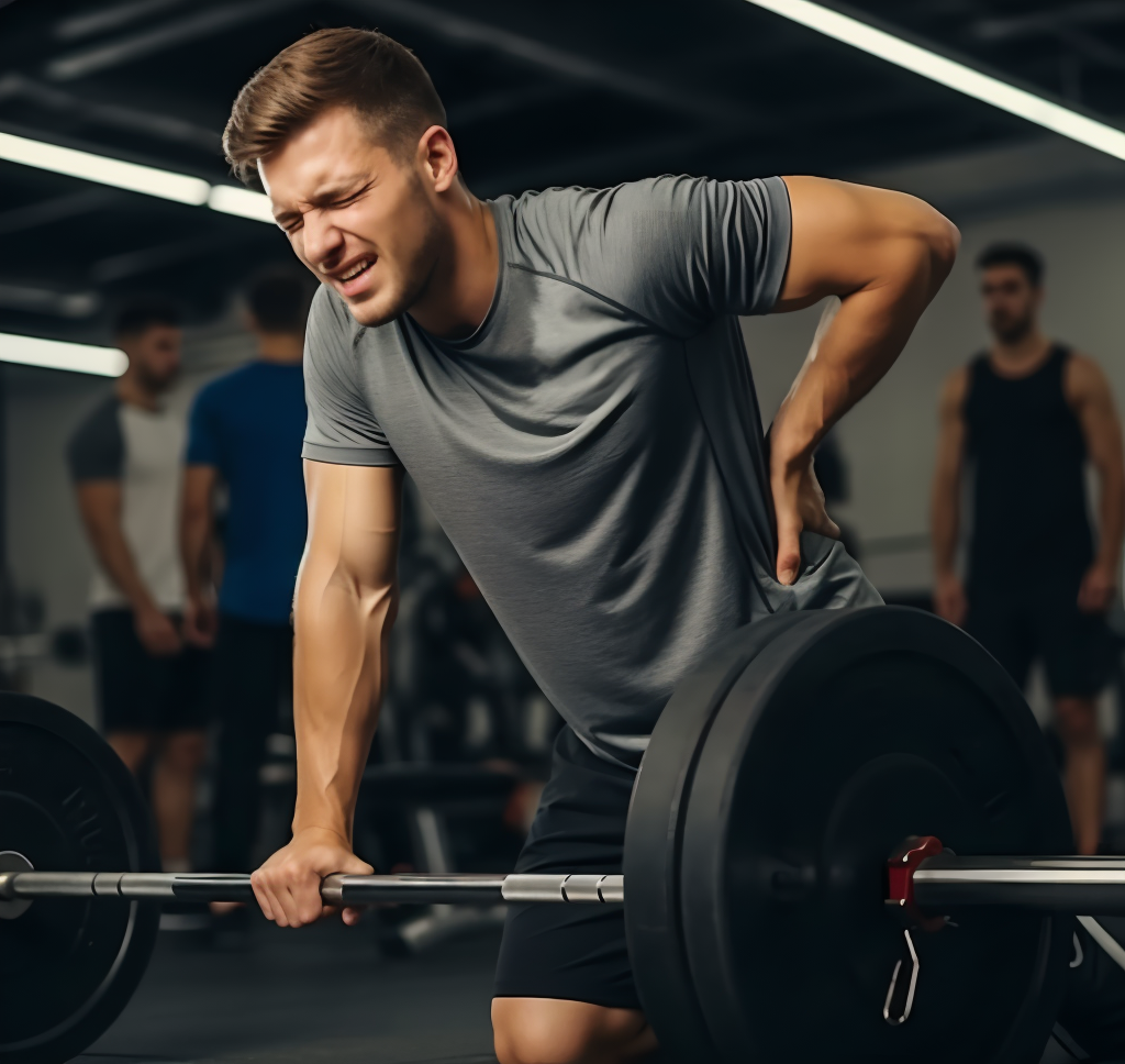 Man at gym feeling back pain while lifting weights
